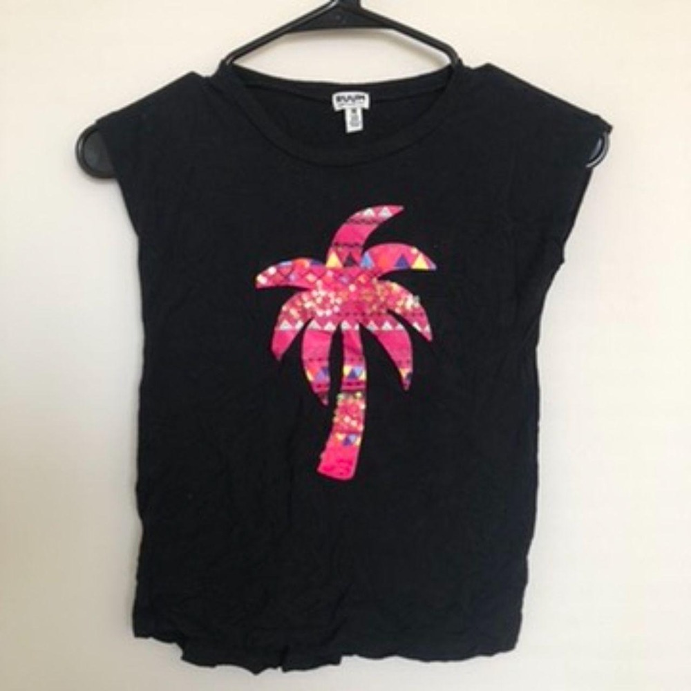 RUUM Girls Black Palm Tree Tank Top | Size M 10 | Rayon Stretch